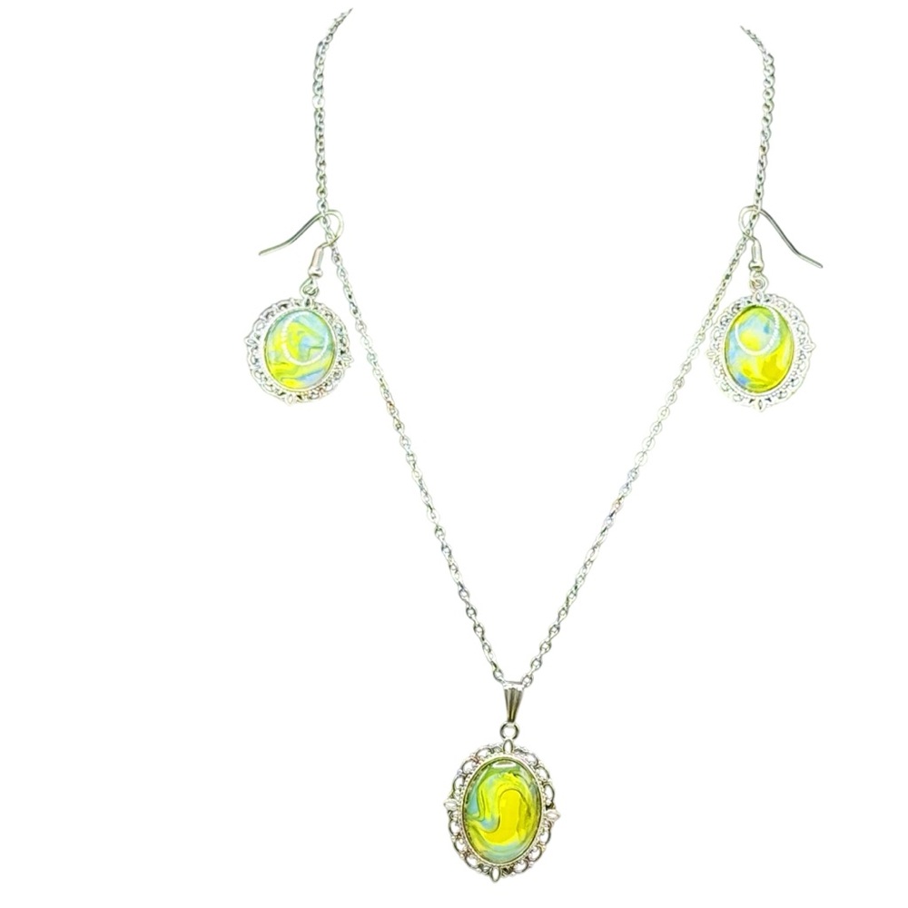 Hand Crafted Silver Necklace and Earring Set with Green and Yellow Swirl